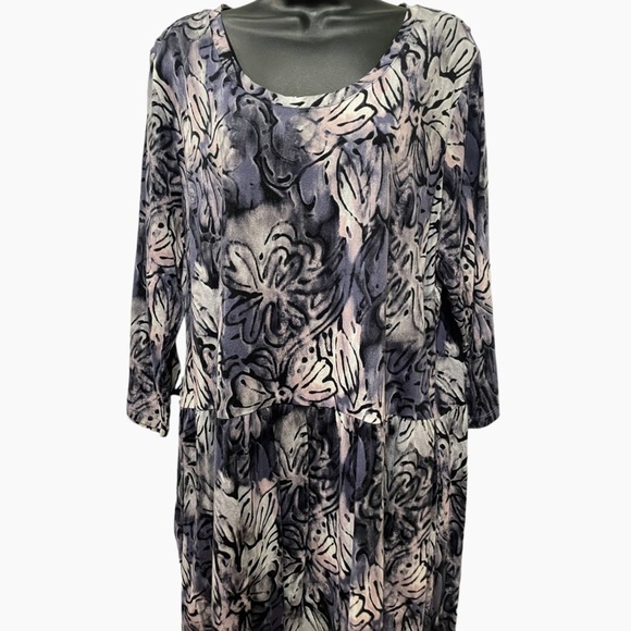 LOGO Lori Goldstein Floral Print Dress Size 2XP Blue Gray Pockets 3/4 Sleeves - Picture 3 of 16